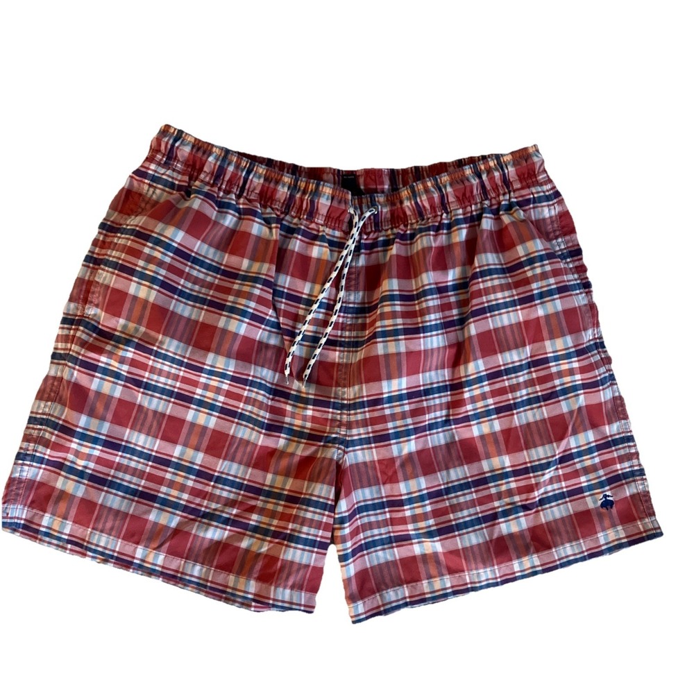 Brooks Brothers Plaid Swim Shorts Trunks XL Red White Blue Mens Drawstring